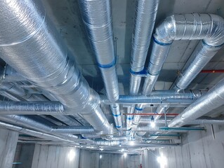 建物の天井に張り巡らされた銀色のダクト配管設備と空調システムのメンテナンス現場