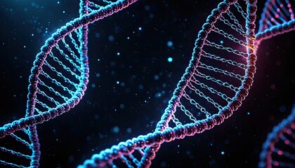 Close-up rendering of a glowing, detailed double helix DNA strand