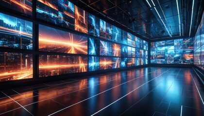Futuristic control room with many screens displaying colorful, dynamic city views