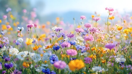 Vibrant meadow filled with diverse wildflowers under soft sunlight.
