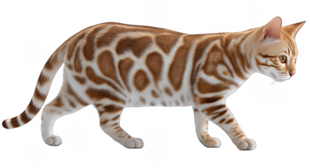 A Bengal cat with distinctive spotted fur is shown walking, showcasing its elegant posture and unique coat pattern.
