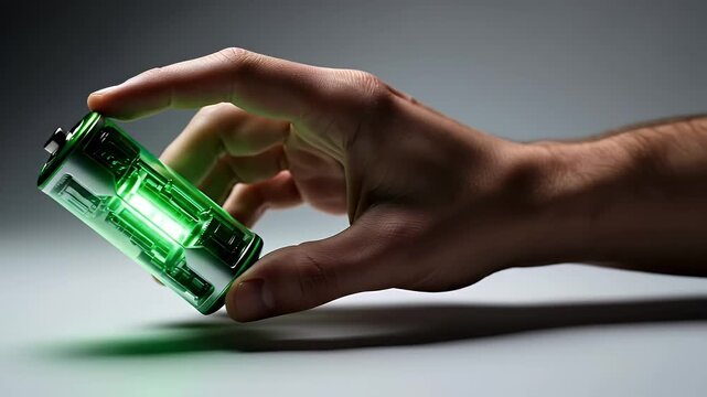 Hand Holding Green Illuminated Battery Cell on Grey Background Close Up