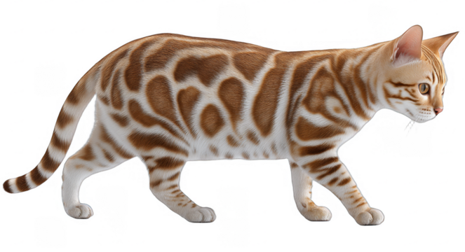 A Bengal cat with distinctive spotted fur is shown walking, showcasing its elegant posture and unique coat pattern.