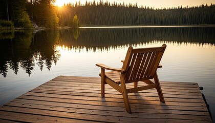 Wooden chair sits peacefully on dock overlooking a calm lake with trees at sunset