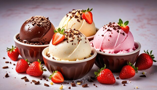 Bowls of ice cream scoops chocolate, strawberry, vanilla with toppings - Powered by Adobe