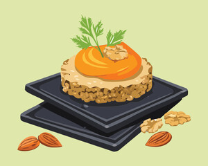Creative Layered Pumpkin Mousse or Savory Dip Served on a Bed of Green Garnish on a Dark Plate - Vector Illustration