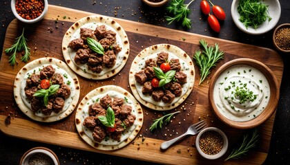 Grilled meat and sauce on flatbreads, herbs, tomatoes. Delicious, flavorful, and savory