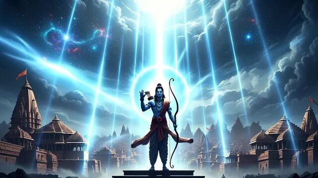 Lord Rama Blessing Ayodhya Divine Radiance and Spiritual Harmony in the Sacred City with Celestial Light