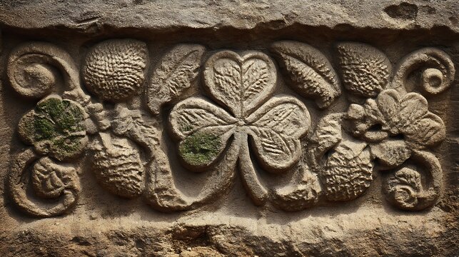 Repeating shamrock iconography inspired by Irish stone carvings