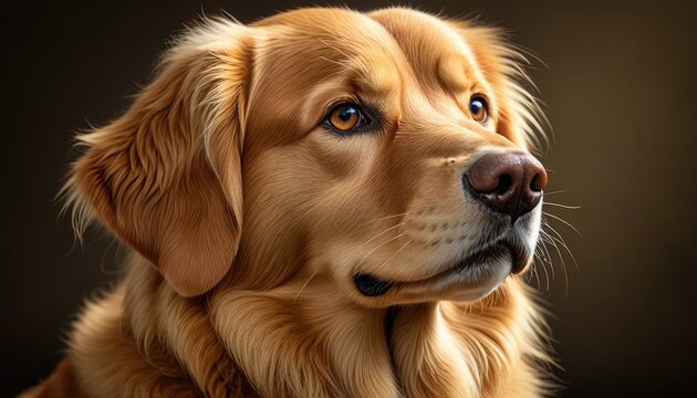Portrait of a golden retriever dog, gazing thoughtfully. Warm light and soft details
