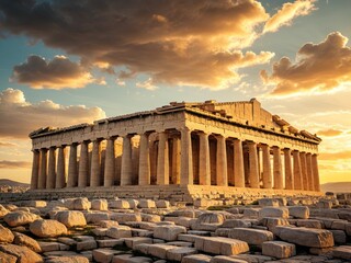 Ancient Greek temple at sunset, illuminated by golden sunlight