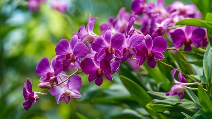 Obraz premium Delicate purple orchids bloom vibrantly against a soft green background.