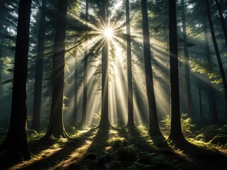 Sun rays burst through tall trees, illuminating a forest with light