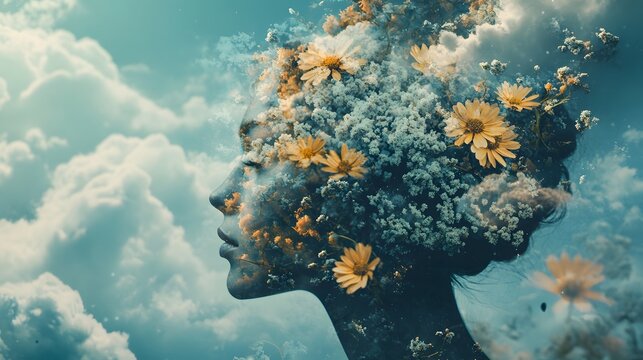 A woman's face is partially obscured by a field of flowers against a cloudy sky, creating a surreal and ethereal image. - Powered by Adobe