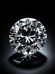 Dazzling, round brilliant-cut gemstone on a black surface. Reflective shine & shadow