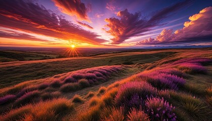 Vibrant sunset over rolling hills, purple flowers, dramatic clouds
