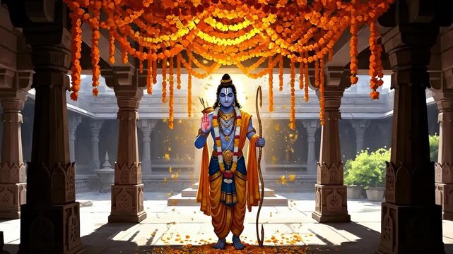 Lord Rama Divine depiction of deity in Ayodhya, holding bow and arrow during auspicious festival celebrations