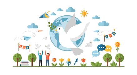 Global peace and unity symbols representing harmony and connection with dove earth flags and people celebrating together vector