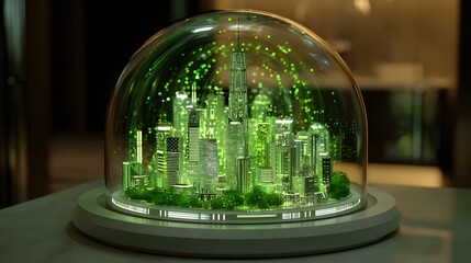 Futuristic city model glowing with green energy under a glass dome.