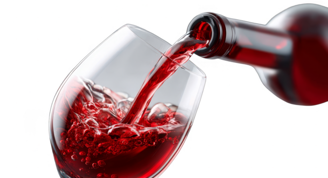 Red wine is being poured from a bottle into a clear glass, showing the process of filling the glass with red wine.