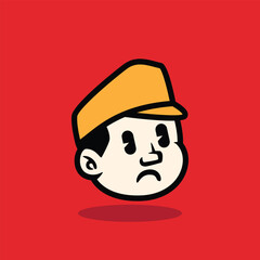 Cartoon face of a sad boy wearing a yellow cap. Expressive and emotional character illustration on red background. Perfect for mascot, logo, or storytelling vector design