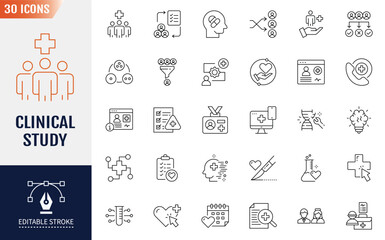 Clinical Study Line Editable Icons set.  Containing icons: patient, placebo effect, research results, and more. Vector illustration