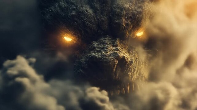 Mysterious creature emerging from a cloudy atmosphere with glowing eyes