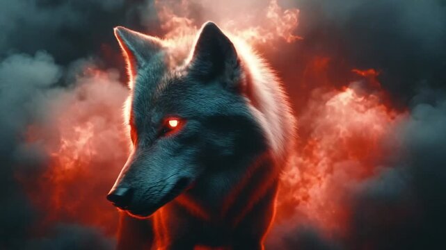 Fierce Wolf with Glowing Eyes Amidst Fiery Smoke.