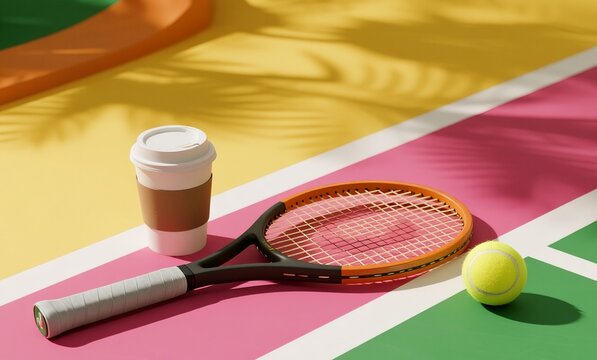 Takeaway Coffee Cup and Tennis Racket on Colorful Court, Trendy Lifestyle Composition with Shadows and Sunlight, Sporty Morning Mood