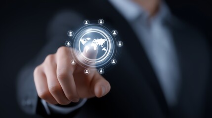 Business executive touching digital holographic screen displaying audience segmentation, data analytics, and global outreach strategy icons