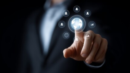 Business executive touching digital holographic screen displaying audience segmentation, data analytics, and global outreach strategy icons