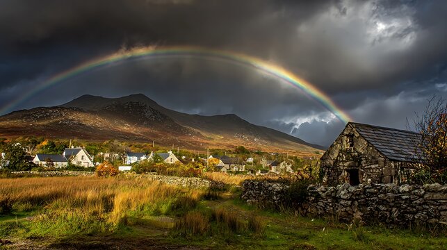 Enchanted rainbow arch over old Irish village pot of gold glowing