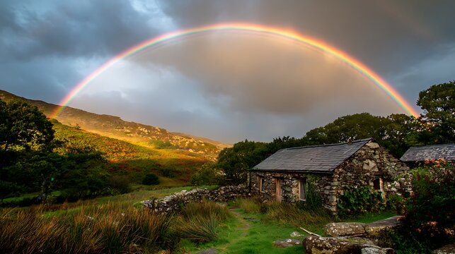 Enchanted rainbow arch over old Irish village pot of gold glowing