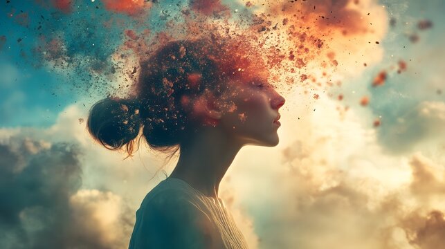 A woman's profile with her head exploding into a cloud of colorful dust, symbolizing creativity or a breakthrough.