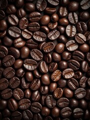 Obraz premium Roasted coffee beans filling the frame, dark and aromatic