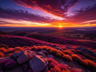 Vibrant sunset over rolling purple hills with fiery orange and purple clouds