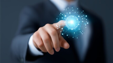 Corporate marketing manager pointing at futuristic interface showing customer insights, engagement funnels, and audience data clusters