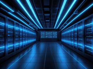 Futuristic data center hallway with neon blue lighting. Server racks glow