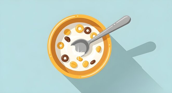 breakfast cereal bowl with milk spoon top view