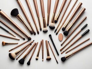 Makeup brushes and a single eyeshadow palette arranged in a circle on white background
