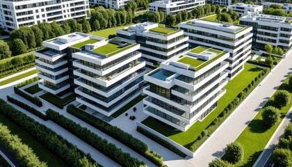 Modern complex of white buildings with green rooftops and manicured lawns