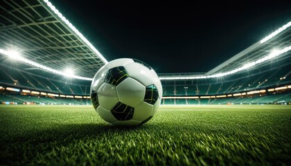 Soccer ball on a lush green field under stadium lights at night