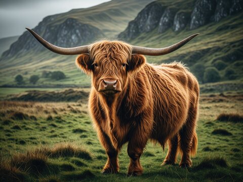 Majestic highland cow, long horns, grazing in grassy field, mountain backdrop