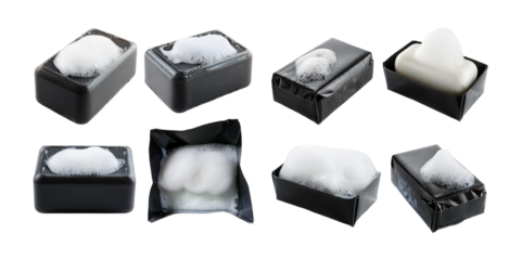 Soap bars set, white lather piece with foam and wrapped in black paper package, set collection, mega bundle, isolated on transparent background
