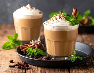 Iced coffee drinks with whipped cream, mint, and cinnamon