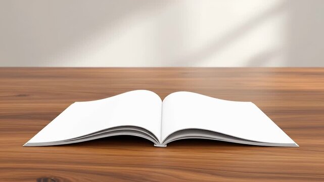 Open Blank White Book with Pages Lying Flat on Wooden Table with Soft Light Casting Shadows Against White Wall Background in Mockup Style