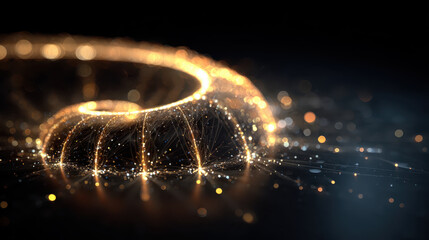 Glowing, abstract spiral structure with interconnected nodes and lines, resembling futuristic network or digital web, set against dark background. image conveys sense of innovation and technology