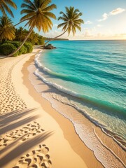 Tropical beach scene with palm trees, turquoise water, & footprints