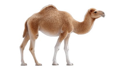 A single-humped camel is depicted standing alone with a white background, showcasing its unique physical features.