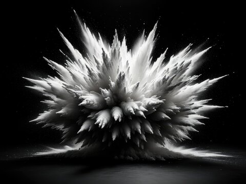 Explosive cloud of white dust against a stark black background